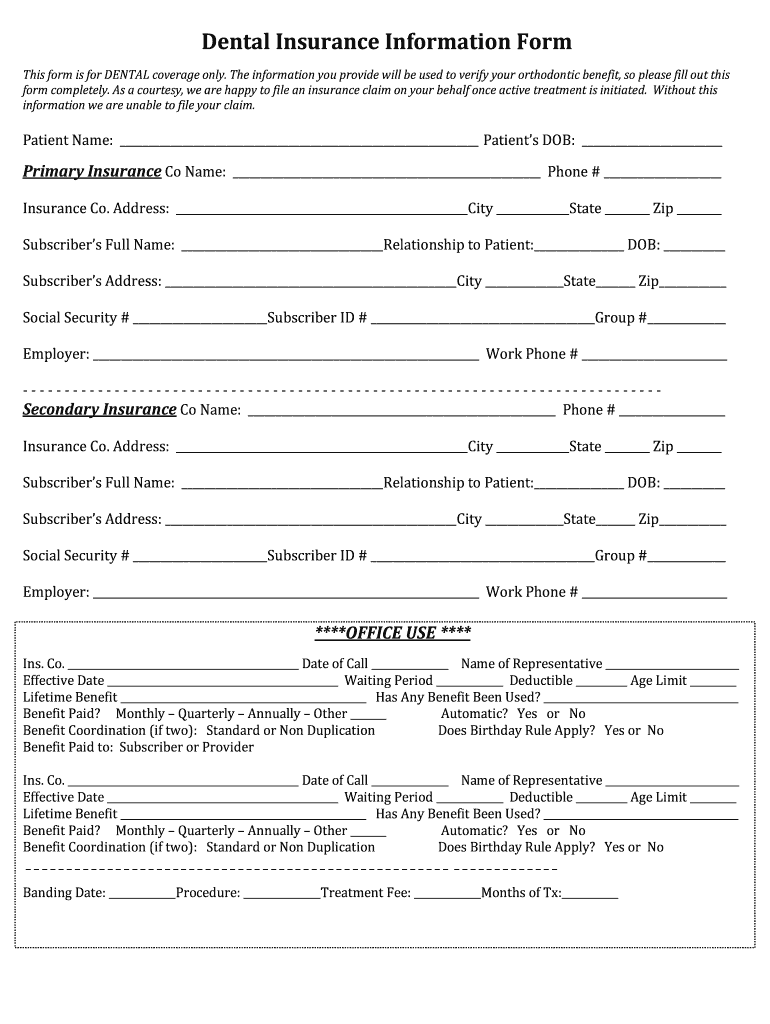 Dental Insurance Information Form Parks Orthodontics