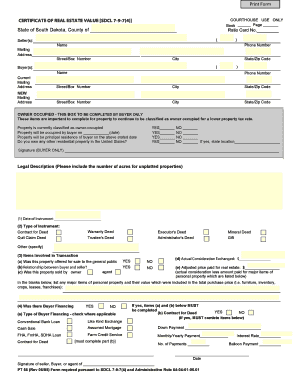 CERTIFICATE of REAL ESTATE VALUE SDCL 7 9 74 Minnehahacounty  Form