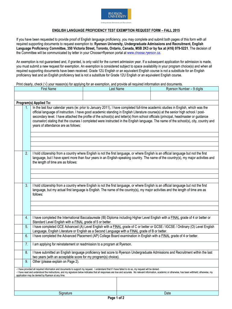  English Language Proficiency Test Exemption Request Form  Ryerson 2015