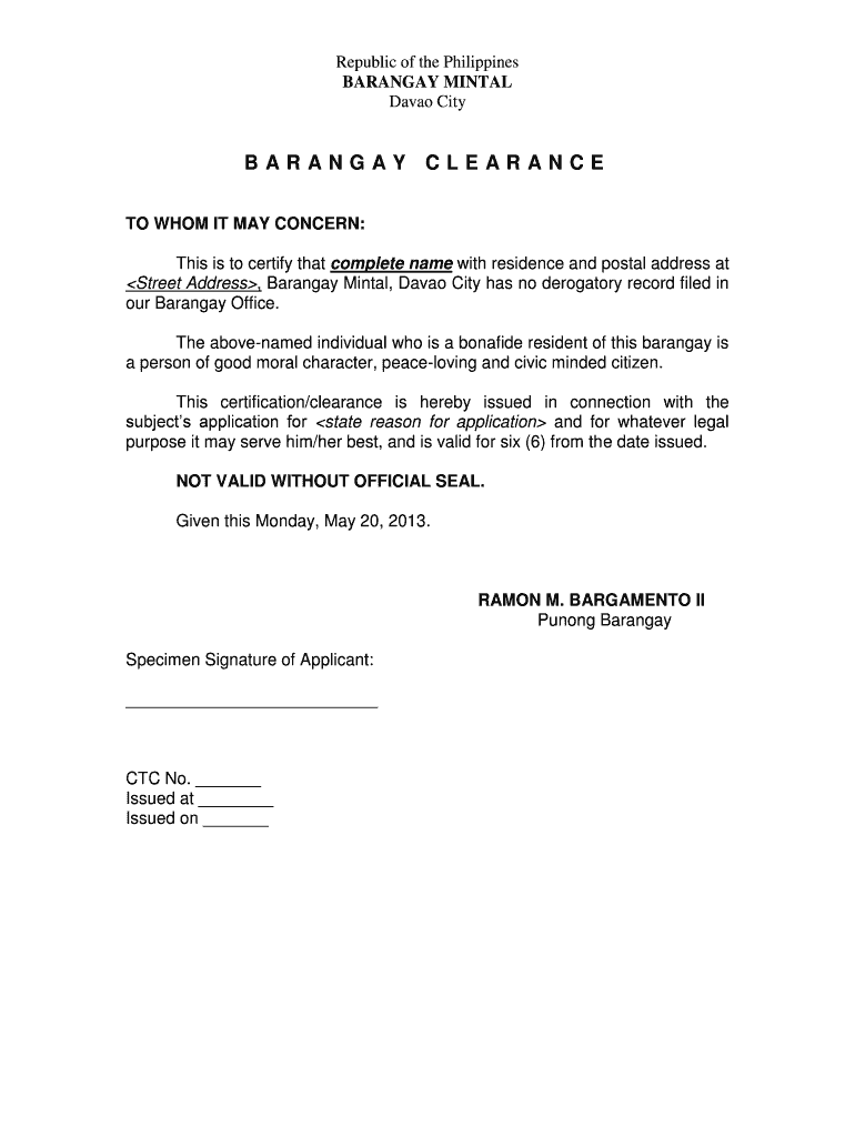 Barangay Certificate Sample  Form