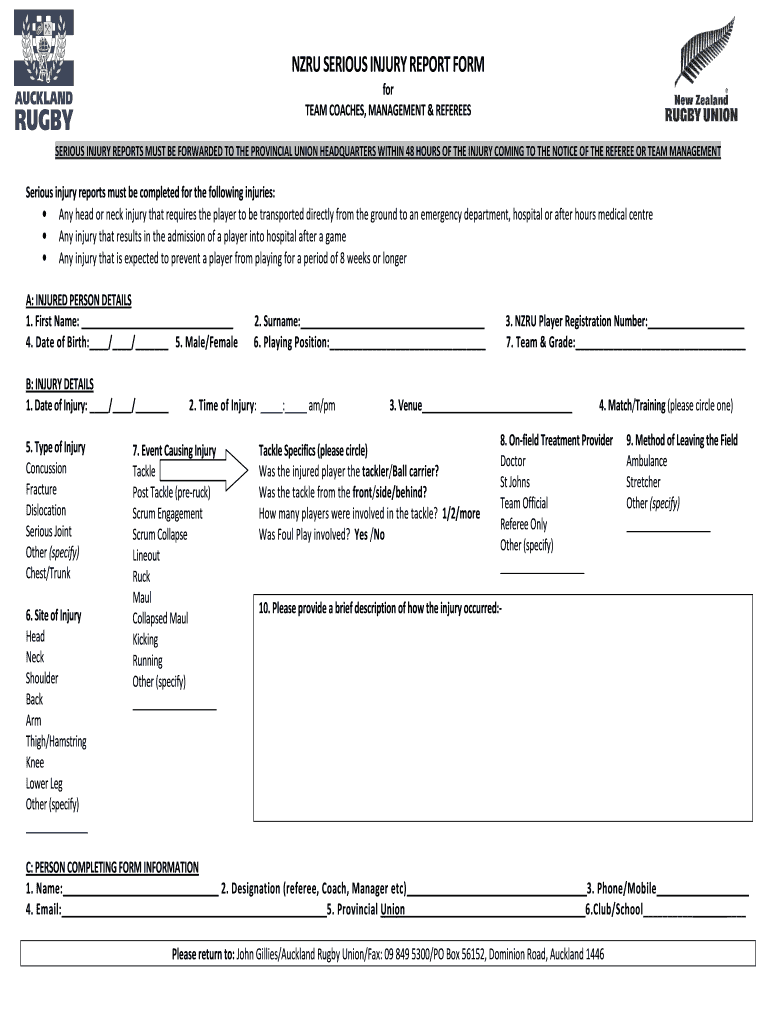 Rugby Injury Forms