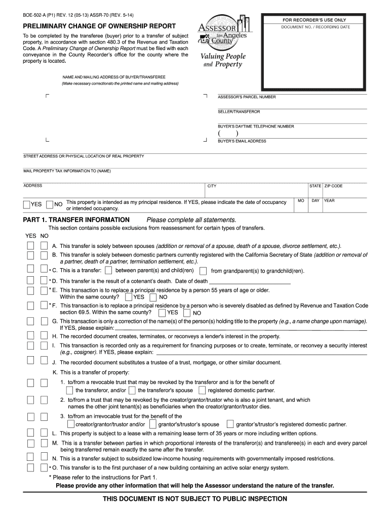 Preliminary Change of Ownership Report Los Angeles County  Form