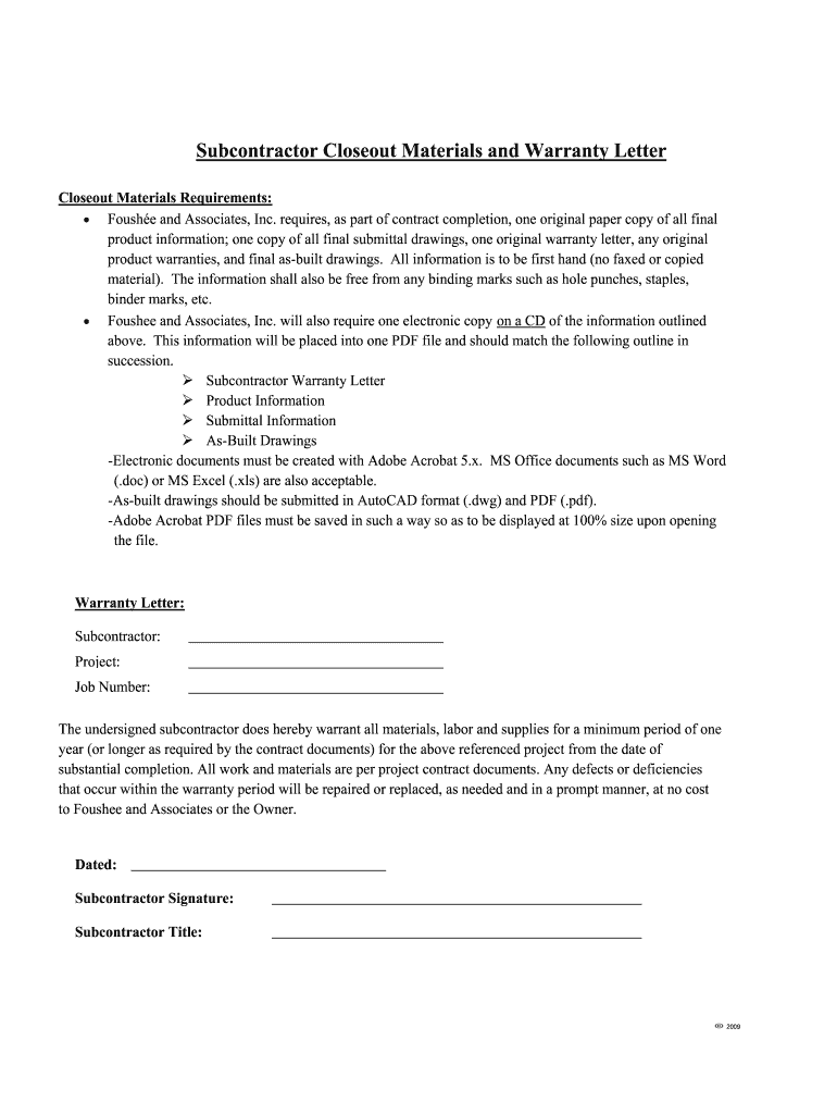 Subcontractor Warranty Letter Form