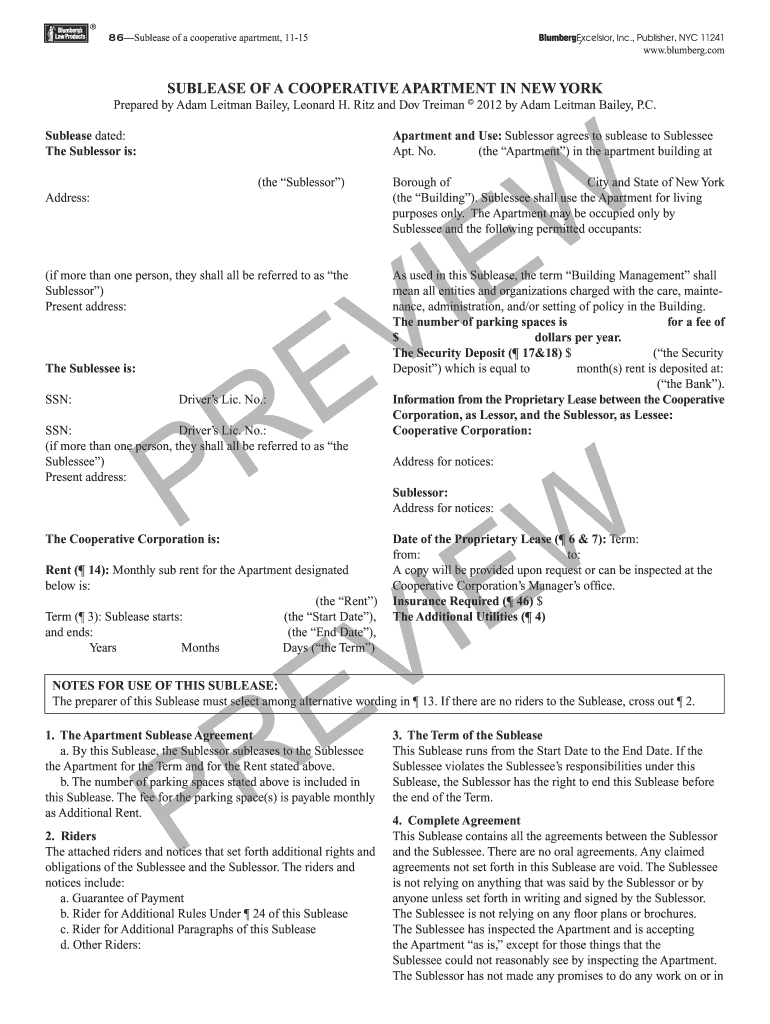 Standard Form of Cooperative Apartment Sublease