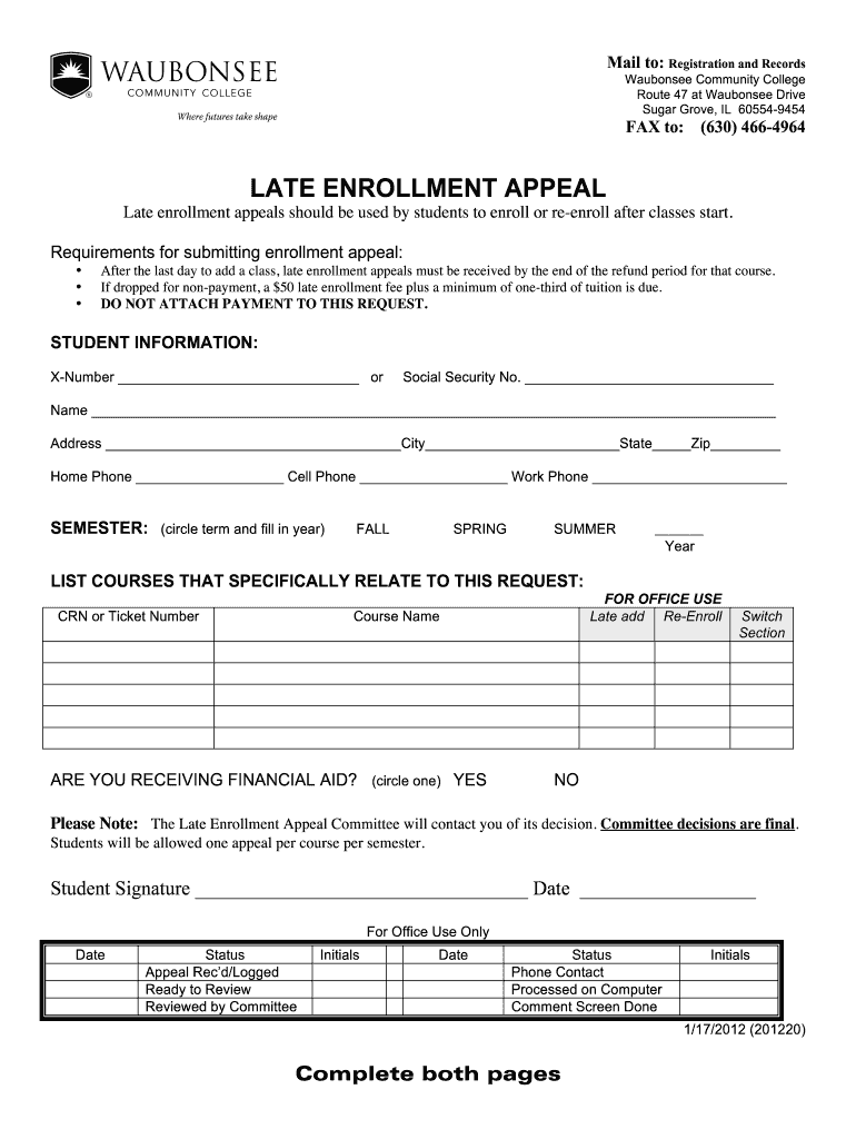  Late Enrollment Appeal Form  Waubonsee Community College  Waubonsee 2012-2024