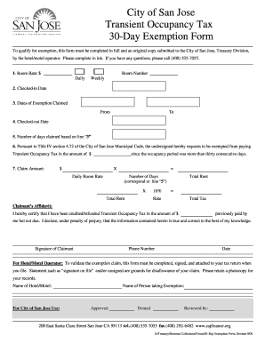 City of San Jose Transient Occupancy Tax 30 Day Exemption Form Www3 Csjfinance
