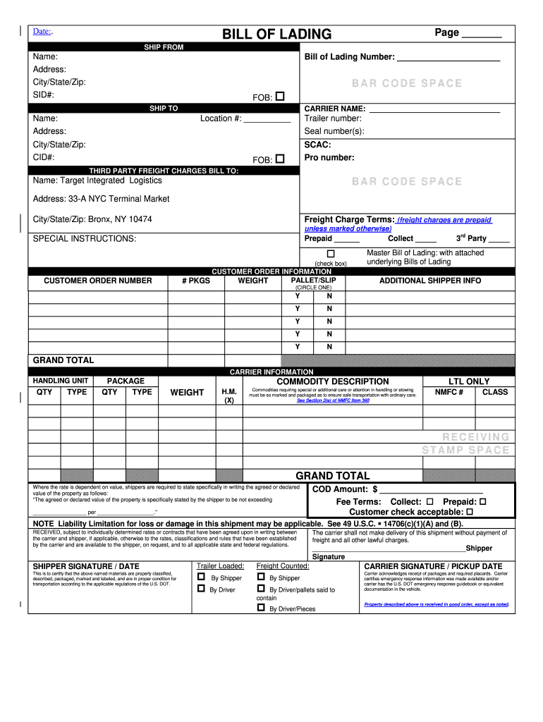 Target Express Bill of Lading  Form