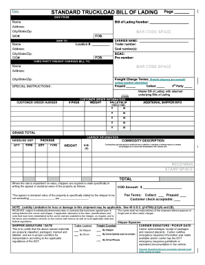 Printable Blank Bill of Lading PDF  Form