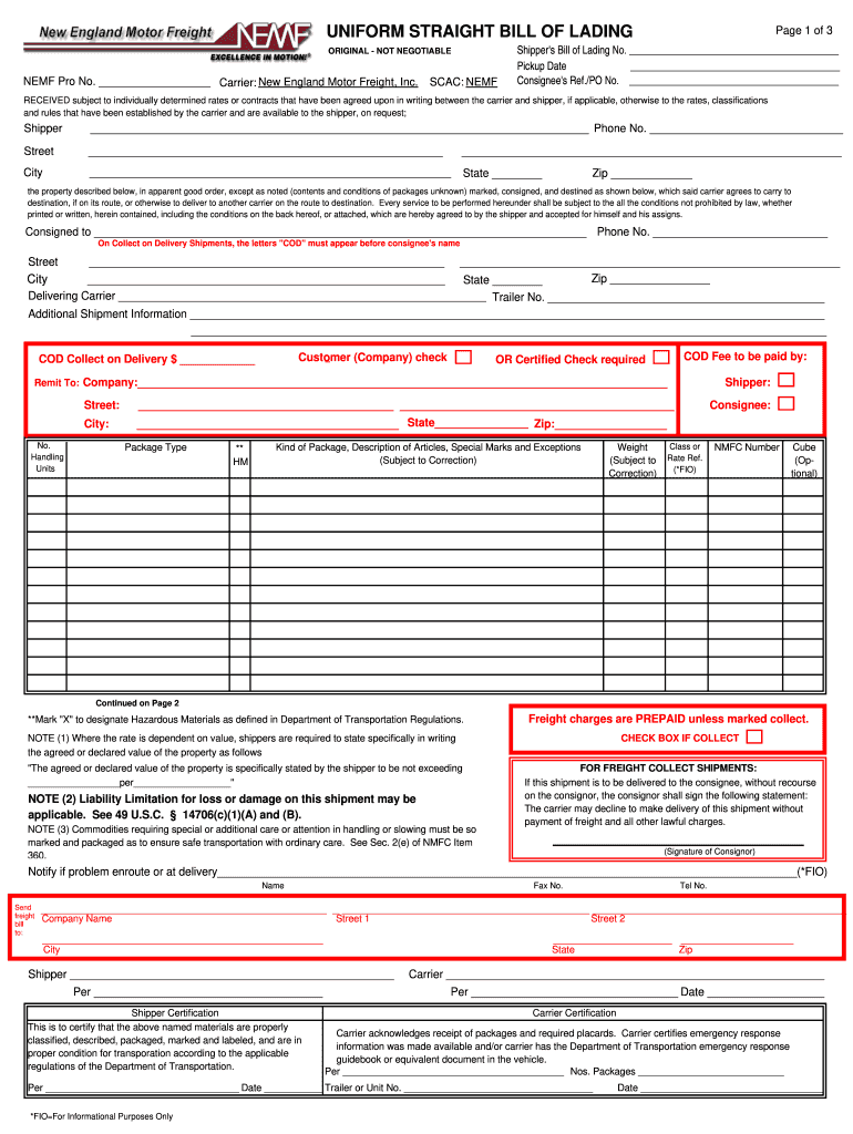 Nemf Bill of Lading  Form