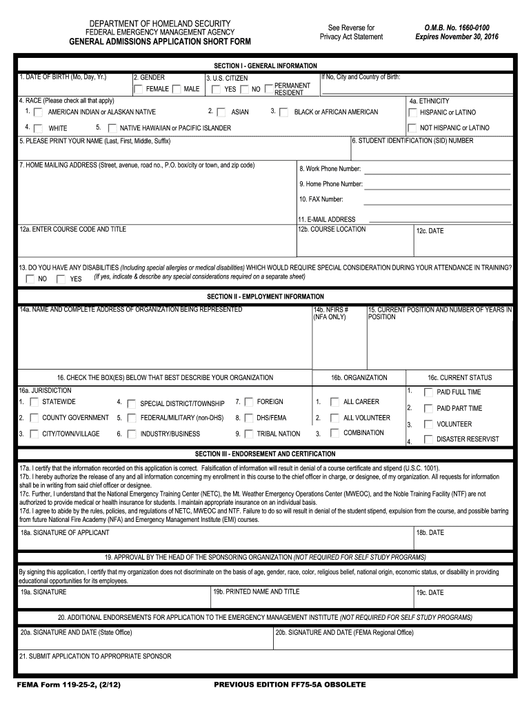  Fema Form 119 25 2 2012-2024