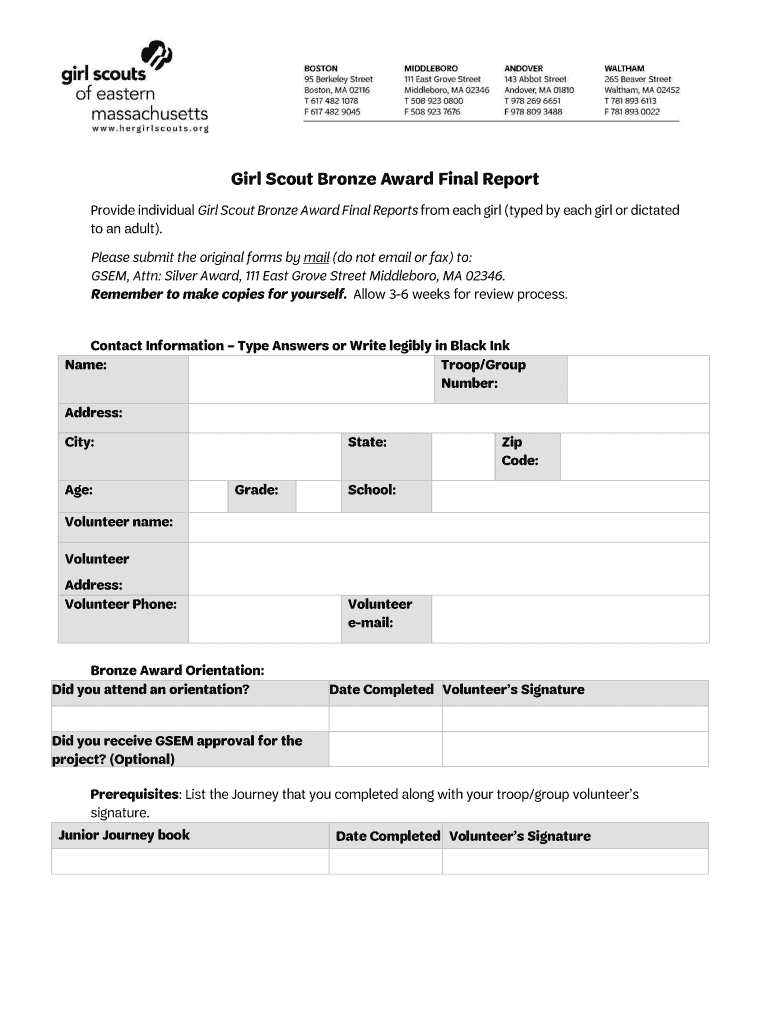 Girl Scout Bronze Award Final Report  Girl Scouts of Eastern    Girlscoutseasternmass  Form