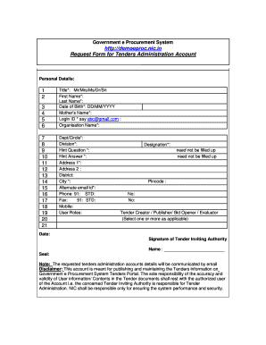 Request Form for Tenders Administration Account