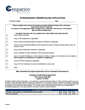 STANDARDIZED CREDENTIALING APPLICATION Cenpatico  Form