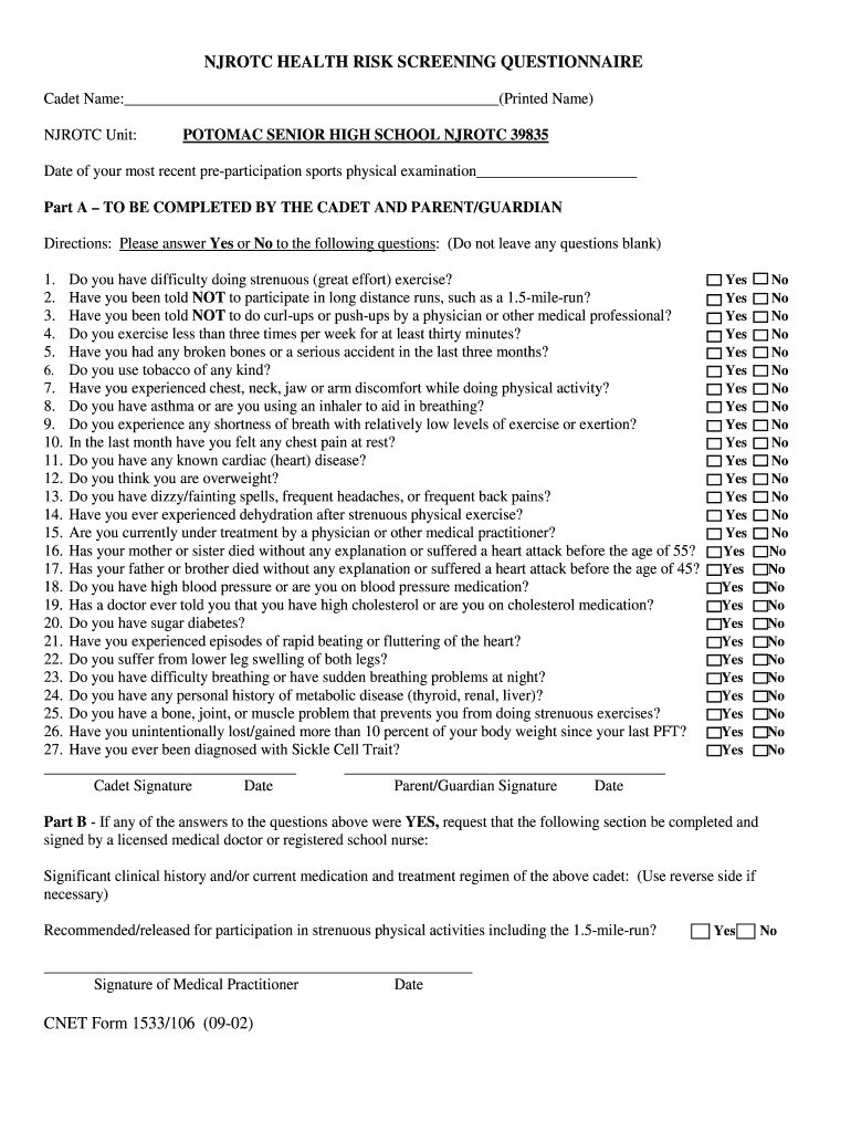 NJROTC HEALTH RISK SCREENING QUESTIONNAIRE  Form