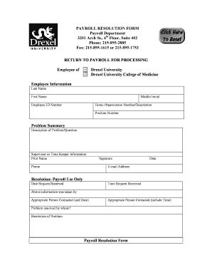 Drexel Payroll Resolution Form