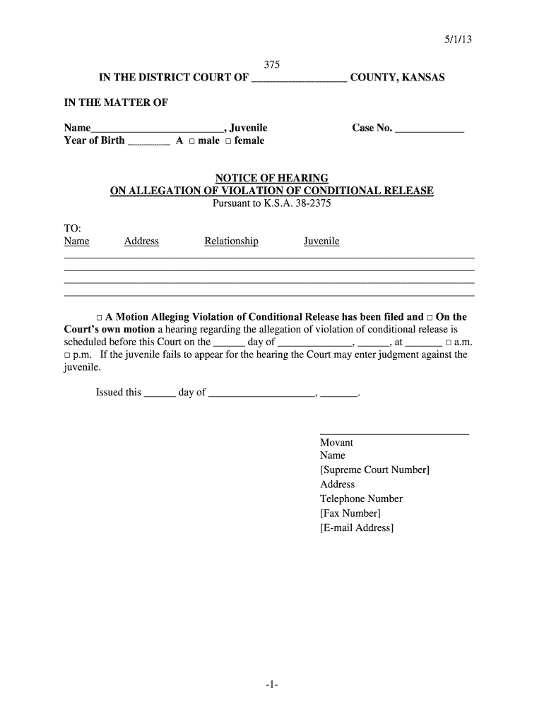  5113 375 in the DISTRICT COURT of COUNTY, KANSAS in the MATTER of Name , Juvenile Year of Birth a Male Female Case No Kansasjudi 2013-2024