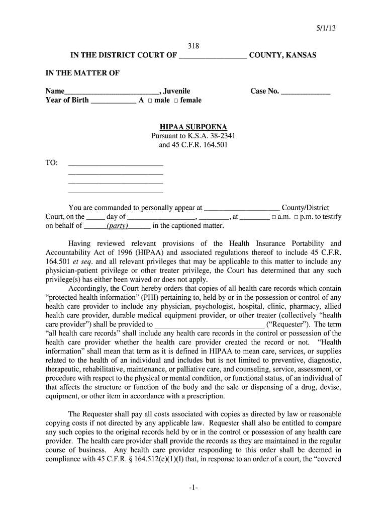  5113 318 in the DISTRICT COURT of COUNTY, KANSAS in the MATTER of Name , Juvenile Year of Birth a Male Female Case No Kansasjudi 2013-2024