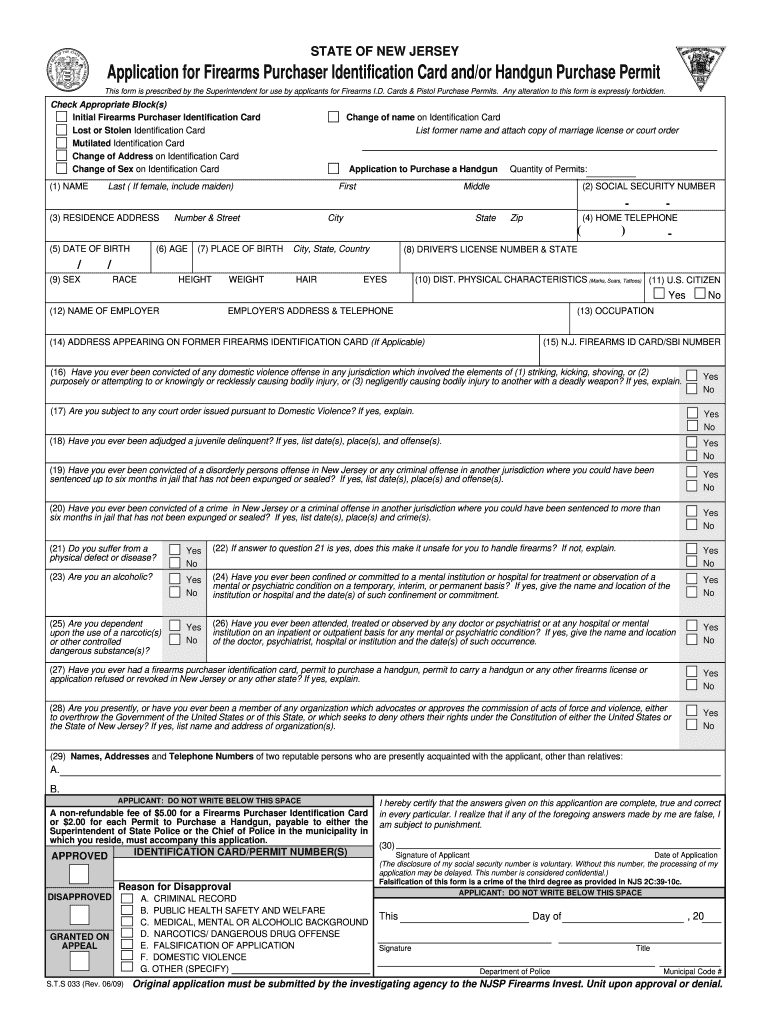  STS 033 Form  Newark Police Department 2009