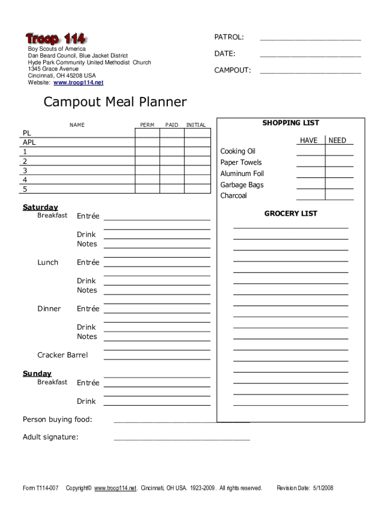Boy Scout Campout Planning Worksheet  Form