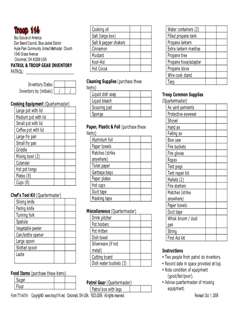 Bsa Quartermaster Checklist  Form