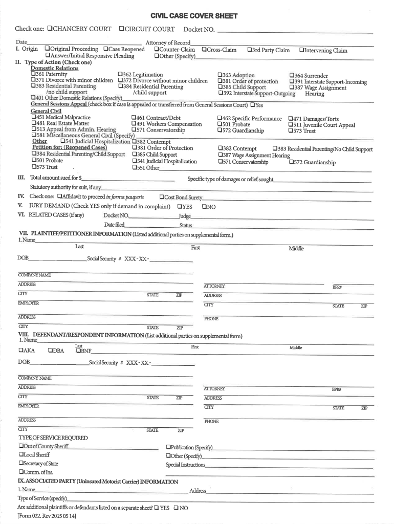 Get and Sign CIVIL CASE COVER SHEET  Hamilton County  Hamiltontn 2015-2022 Form