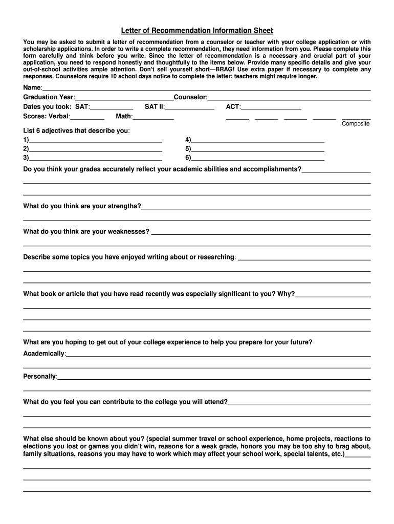 Letter of Recommendation Information Sheet