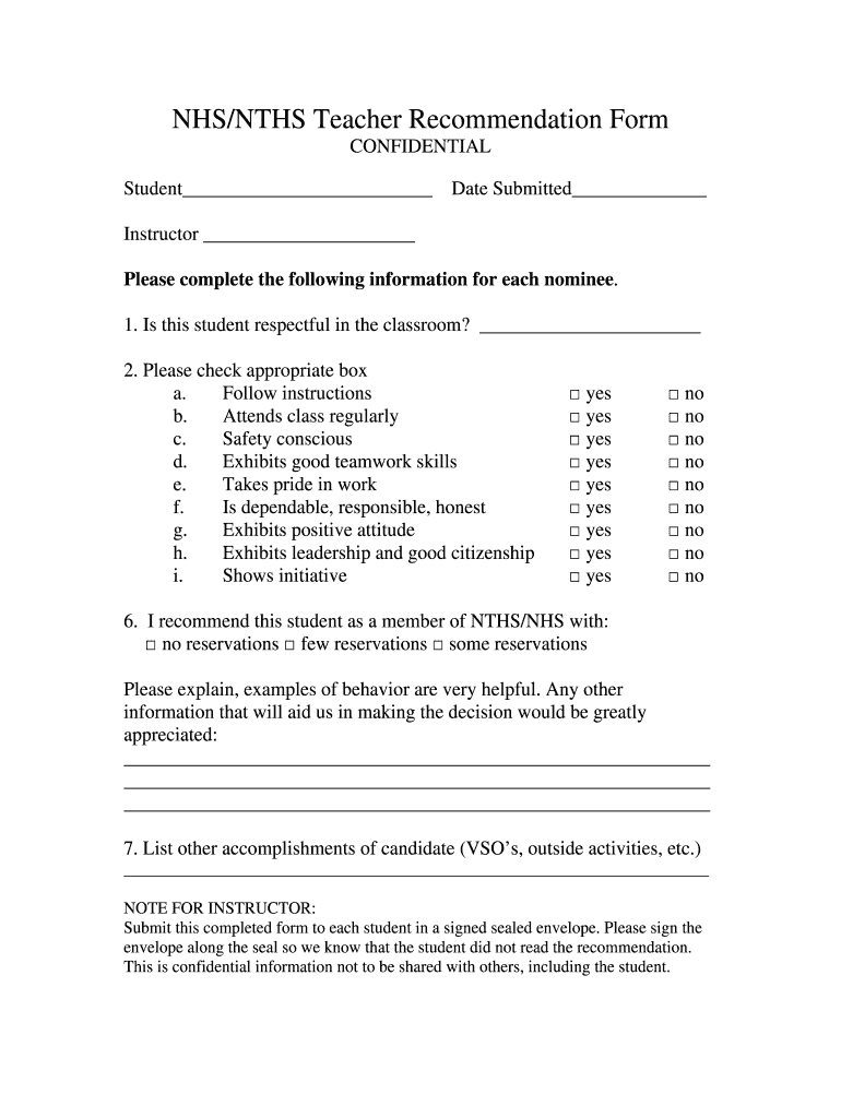 NTHS Teacher Recommendation Form PDF