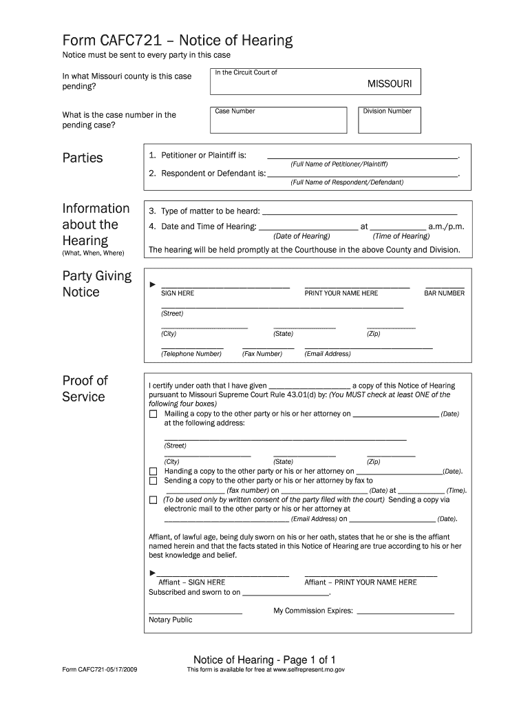  Form Cafc721 Notice of Hearing 2009