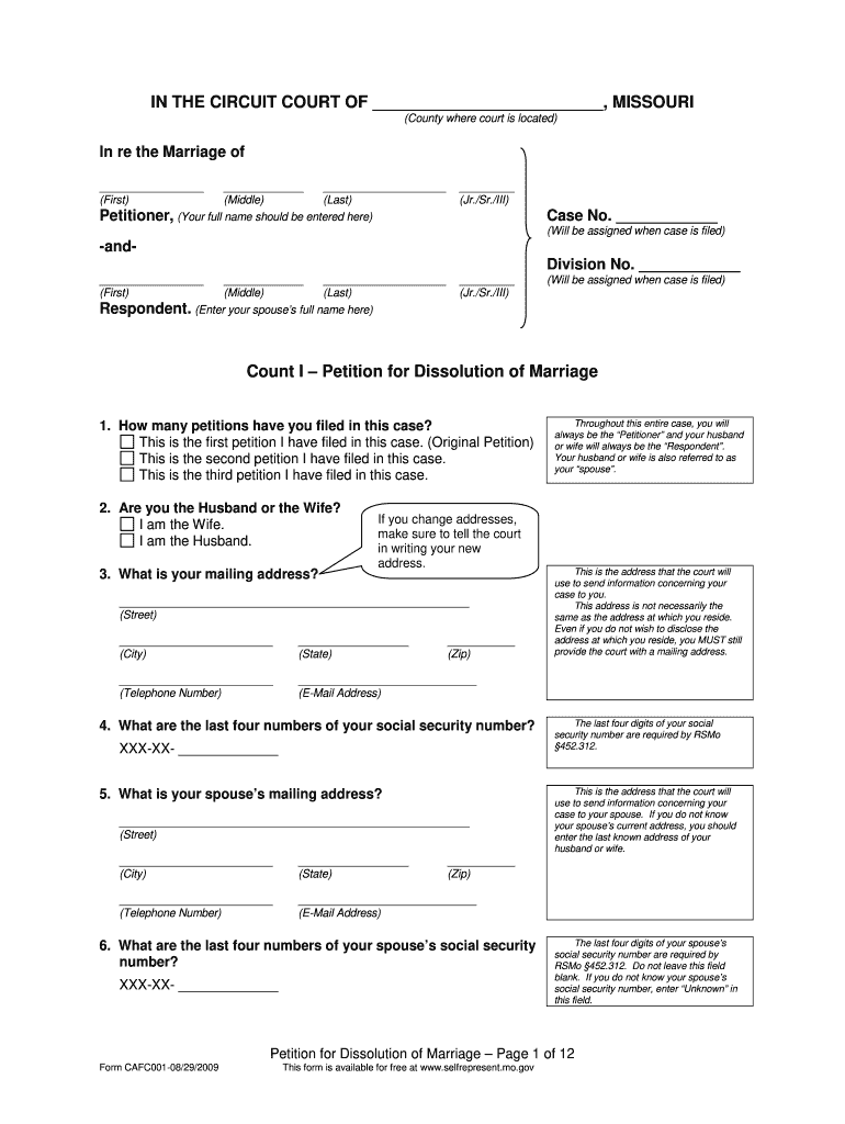  CAFC001  Petition for Dissolution of Marriage  Family Court Forms 2009