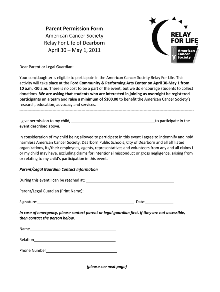  Relay for Life Parent Consent Form 2011-2024