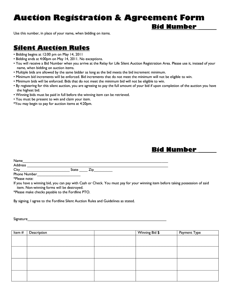Auction Registration & Agreement Form Bid Number Relay for Life Relay Acsevents