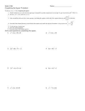 Math 154b Completing the Square Worksheet  Form