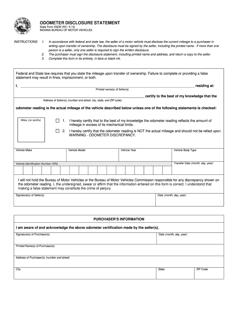 Get and Sign Odometer Disclosure Statement Indiana 2013-2022 Form