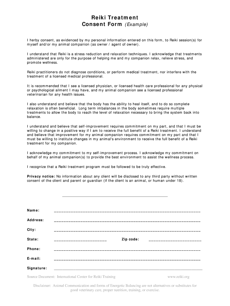 Reiki Consent Form