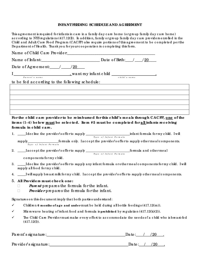 Infant Feeding Schedule for Daycare  Form