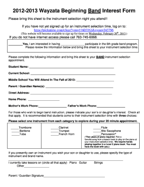 Wayzata Beginning Band Interest Form Wayzata Public Schools