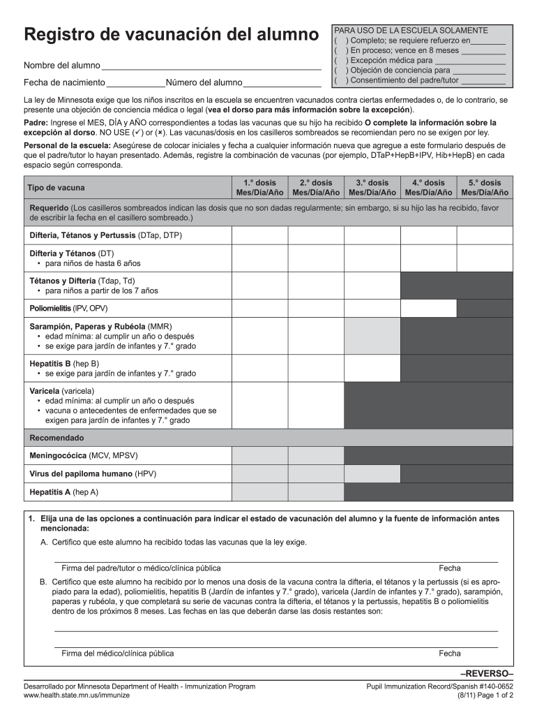 Registro De Vacunacin Del Alumno Pupil Immunization Record Minnesota Dept of Health Spanish Version of the Record for Immunizati  Form