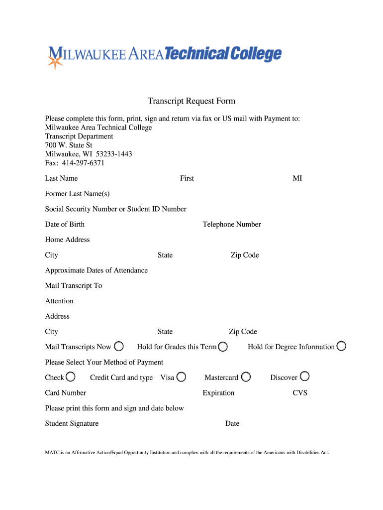 Matc Milwaukee Transcript Request Online  Form