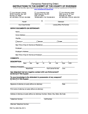 Temporary Restraining Order INSTRUCTIONS to the SHERIFF of the COUNTY of RIVERSIDE the Sheriff Must Have Written, Signed, Instru  Form