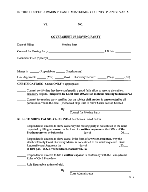 COVER SHEET of MOVING PARTY  Form