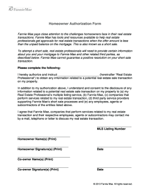 Homeowner Authorization Form HomePath for Short Sales