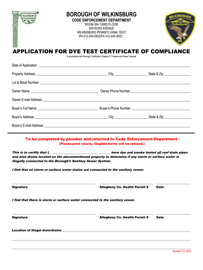 Get and Sign Dye Test Certificate of Compliance Application  Wilkinsburg  Wilkinsburgpa  Form
