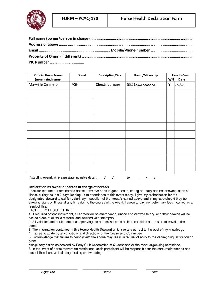 Horse Health Declaration  Form