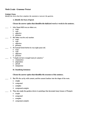 9th Grade Grammar Pretest  Form