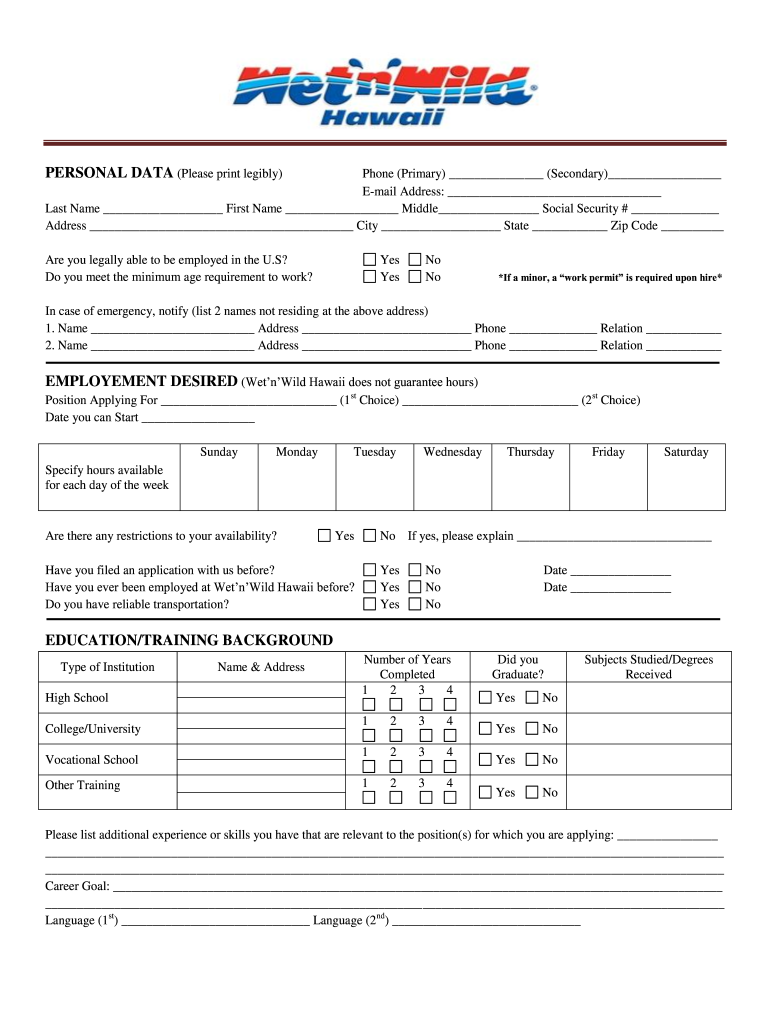 Wet N Wild Oahu Application  Form