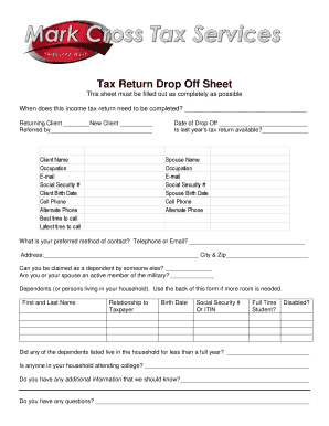 Tax Return Drop off Sheet Mark Cross Tax Services  Form