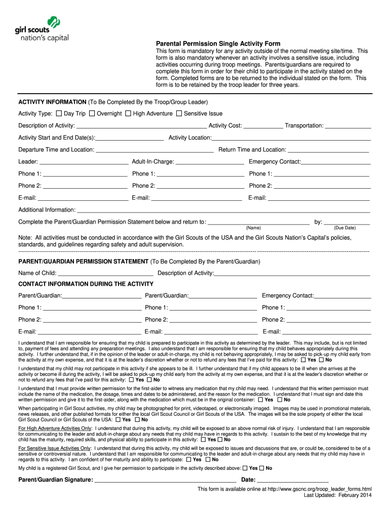 Parental Permission Single Activity Form  Girl Scout Council of the    Gscnc