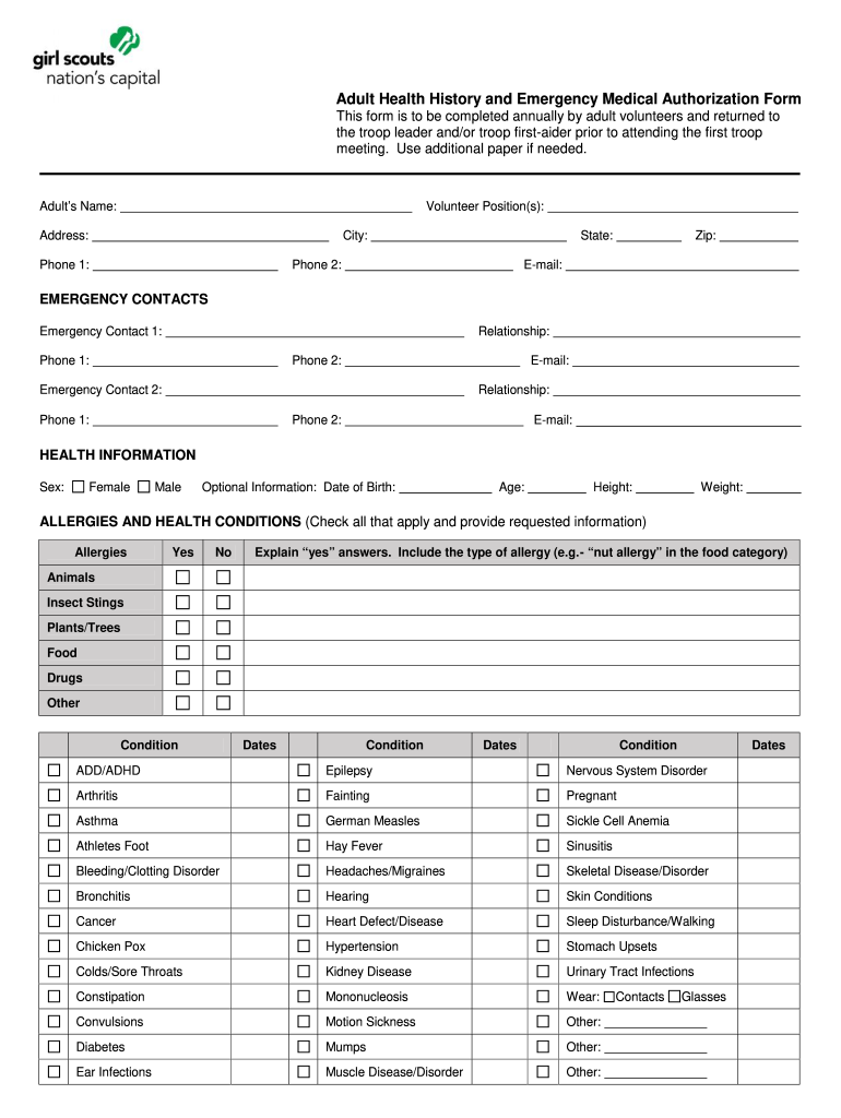  Girl Scout Adult Health History Form 2014-2024