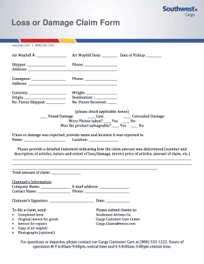 LOSS or DAMAGE CLAIM FORM Southwest Airlines Cargo