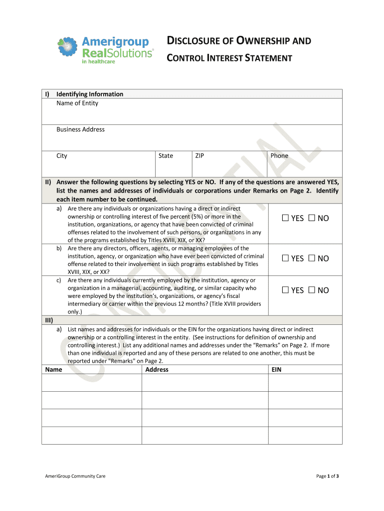 AmeriGroup Disclosure of Ownership and Control Interest Statement  Form
